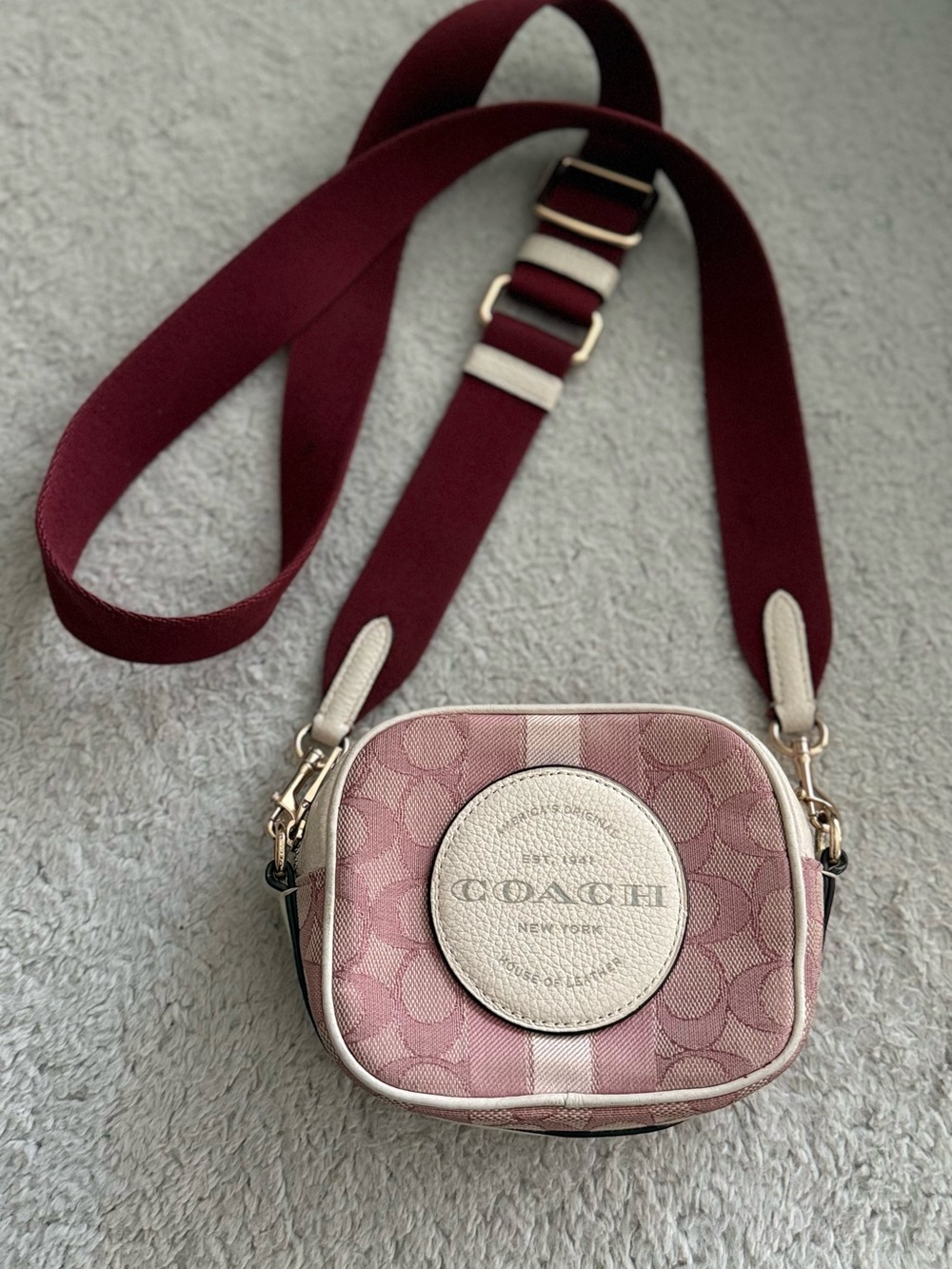 Coach Pink Signature Canvas Crossbody with Burgundy Strap - Picture 1 of 10